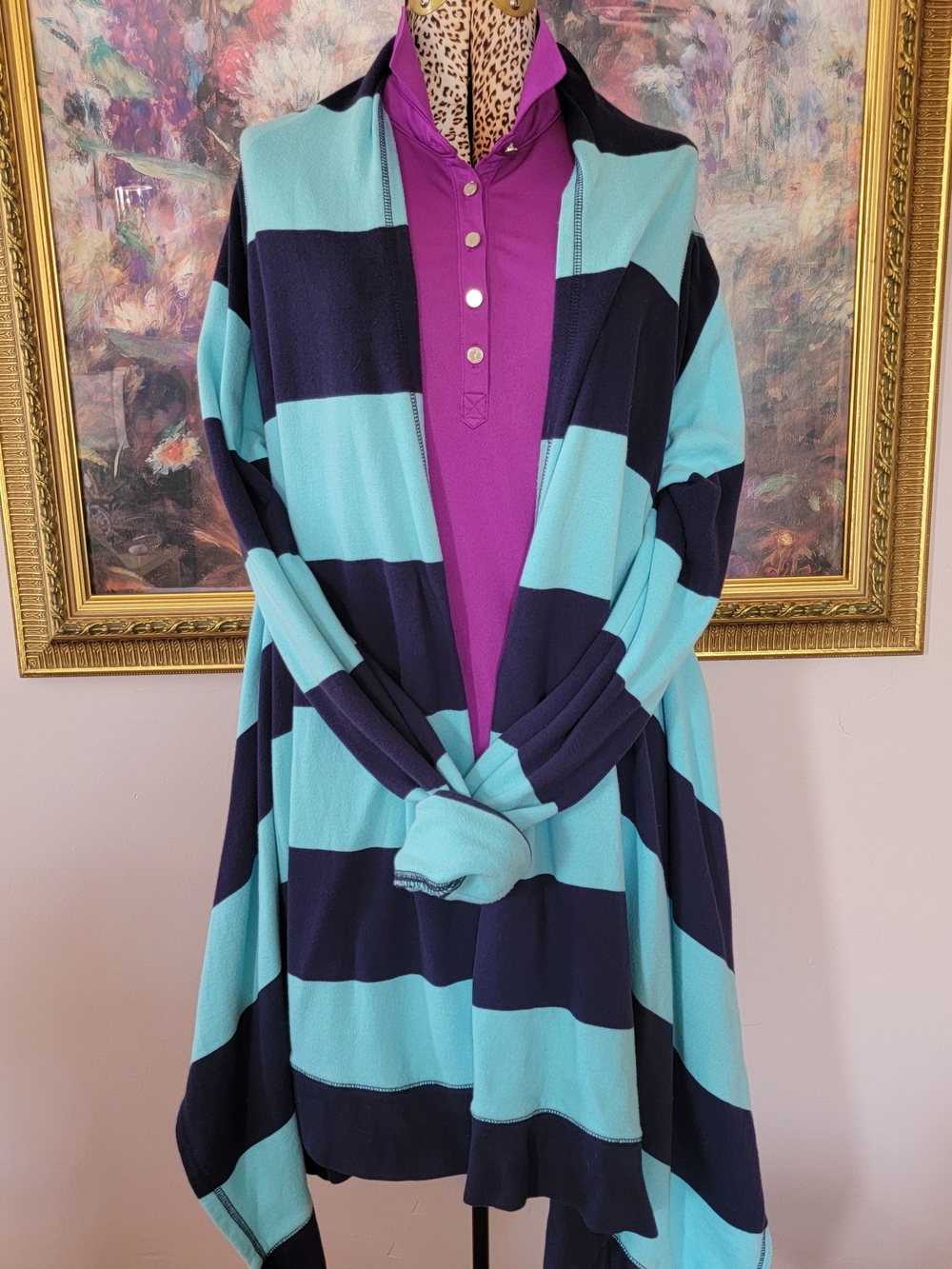 Lilly Pulitzer Aqua & Navy French Terry Striped Open Cardigan